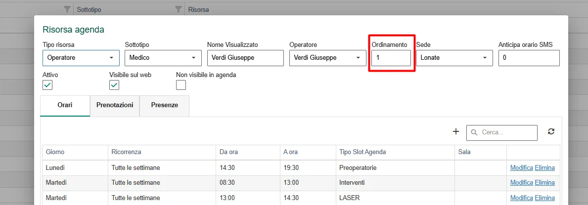 Ordinamento risorse agenda